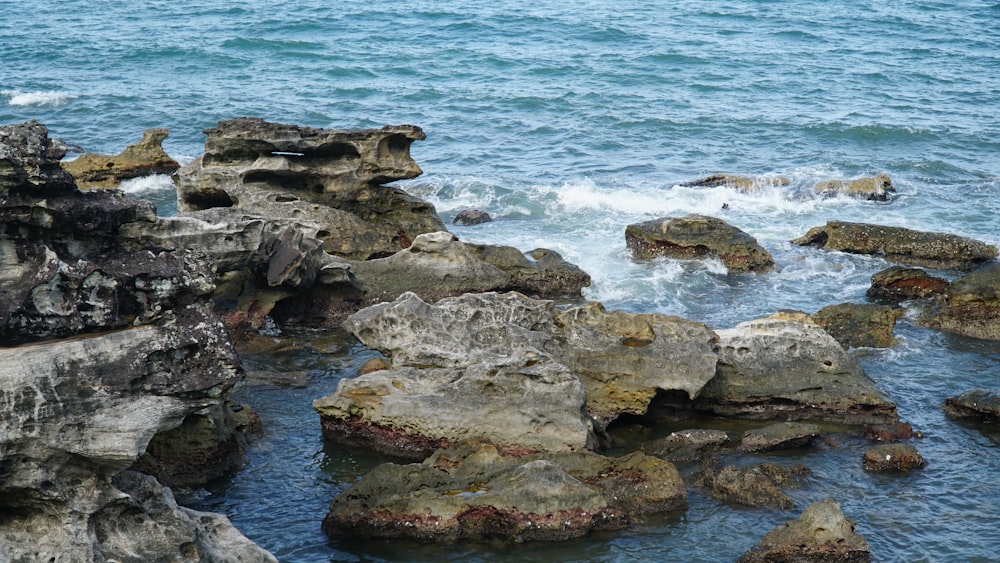 a group of rocks sitting on top of a body of water