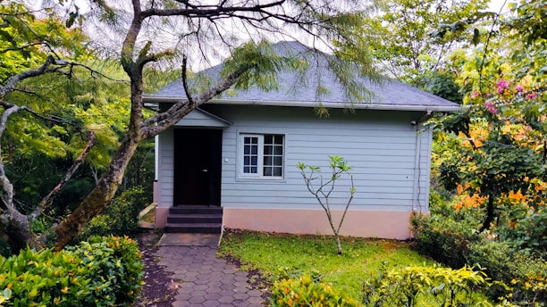 Cozy residential house with blue and white facade surrounded by greenery