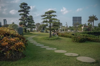 A well-manicured landscaped garden outside a commercial building under a clear sky.