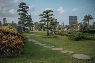 A well-manicured landscaped garden outside a commercial building under a clear sky.