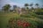 A vibrant garden with blooming flowers and neatly trimmed hedges.