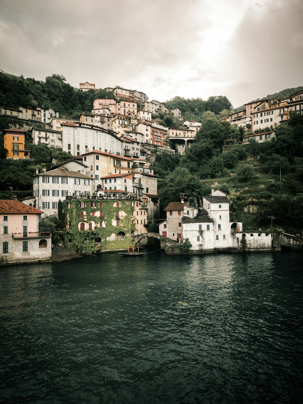 a body of water with houses on a hill in the background