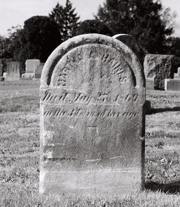 a headstone in a cemetery with trees in the background