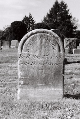 a headstone in a cemetery with trees in the background