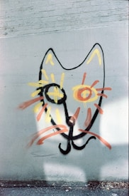 A spray-painted image of a cat's face on a concrete wall, using black, orange, and yellow colors. The drawing is stylized with exaggerated features, including large eyes and whiskers made from bold lines.