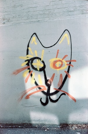 A spray-painted image of a cat's face on a concrete wall, using black, orange, and yellow colors. The drawing is stylized with exaggerated features, including large eyes and whiskers made from bold lines.