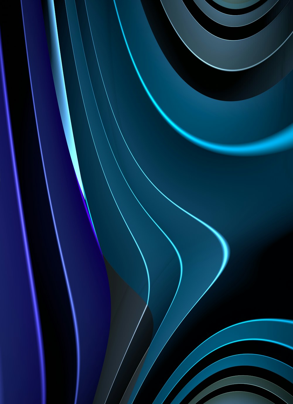 a blue and black abstract background with curved lines