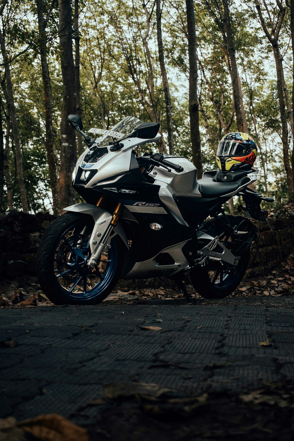 a motorcycle parked on the side of the road