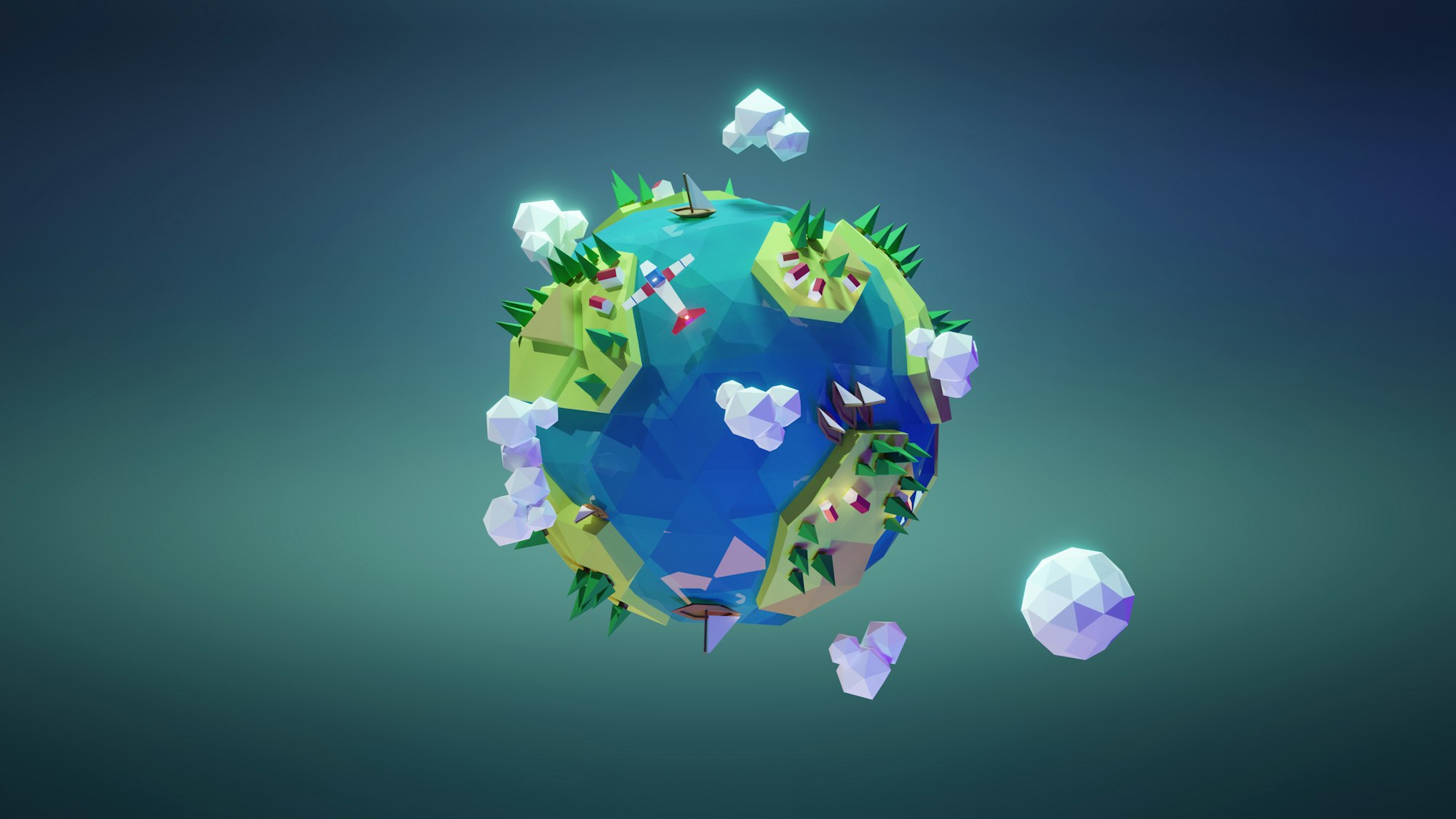 A 3D render of a low poly planet. Made in Blender.