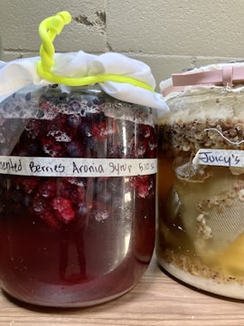 Two jars with cloth covers are filled with fermented contents. The left jar contains dark red liquid with visible berries and is labeled 'Fermented Berries Aronia Syrup.' The right jar contains a mixture with lighter colors and is labeled, having a creamy and grainy texture at the top.