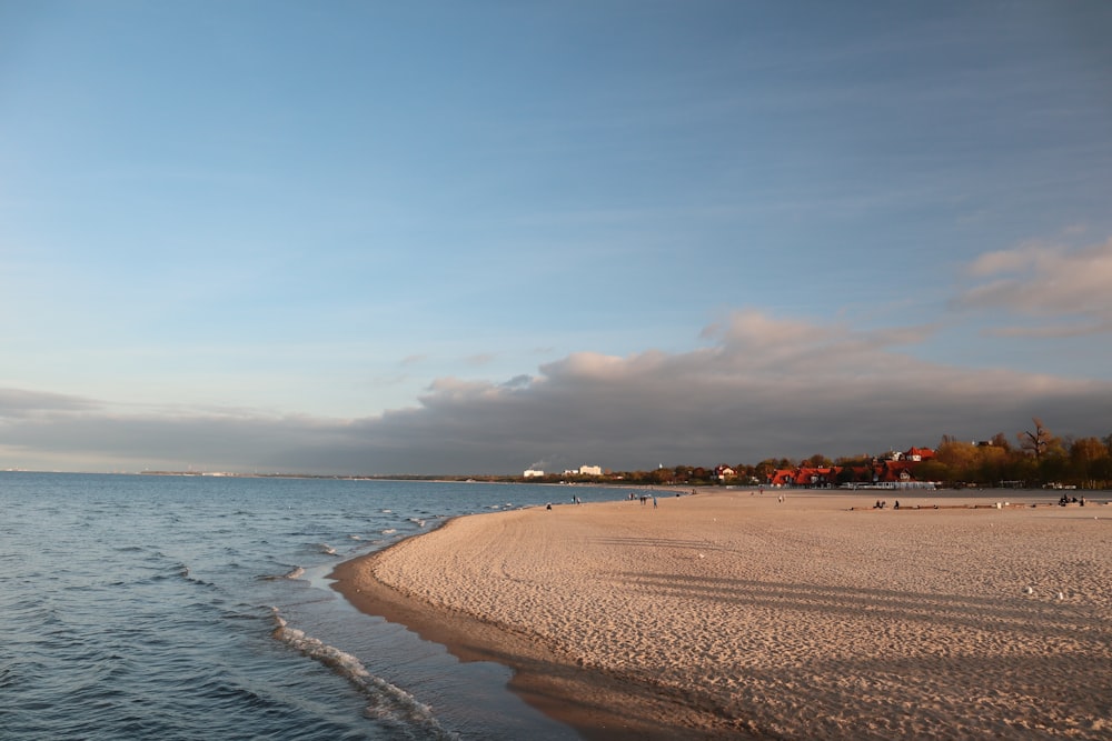 a sandy beach with a body of water and houses in the distance