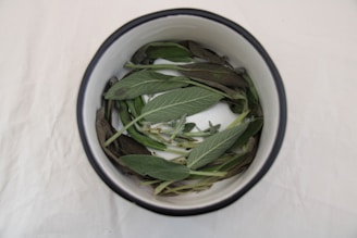 a bowl filled with green leaves on top of a white table