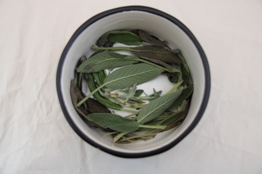 a bowl filled with green leaves on top of a white table