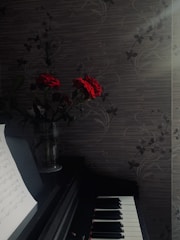 A darkly lit setting features a piano with visible sheet music on a stand. Beside the piano, a vase holds red roses. The background consists of a patterned wall with a subtle floral design. Soft sunlight filters through, creating a serene atmosphere.