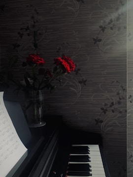 A darkly lit setting features a piano with visible sheet music on a stand. Beside the piano, a vase holds red roses. The background consists of a patterned wall with a subtle floral design. Soft sunlight filters through, creating a serene atmosphere.