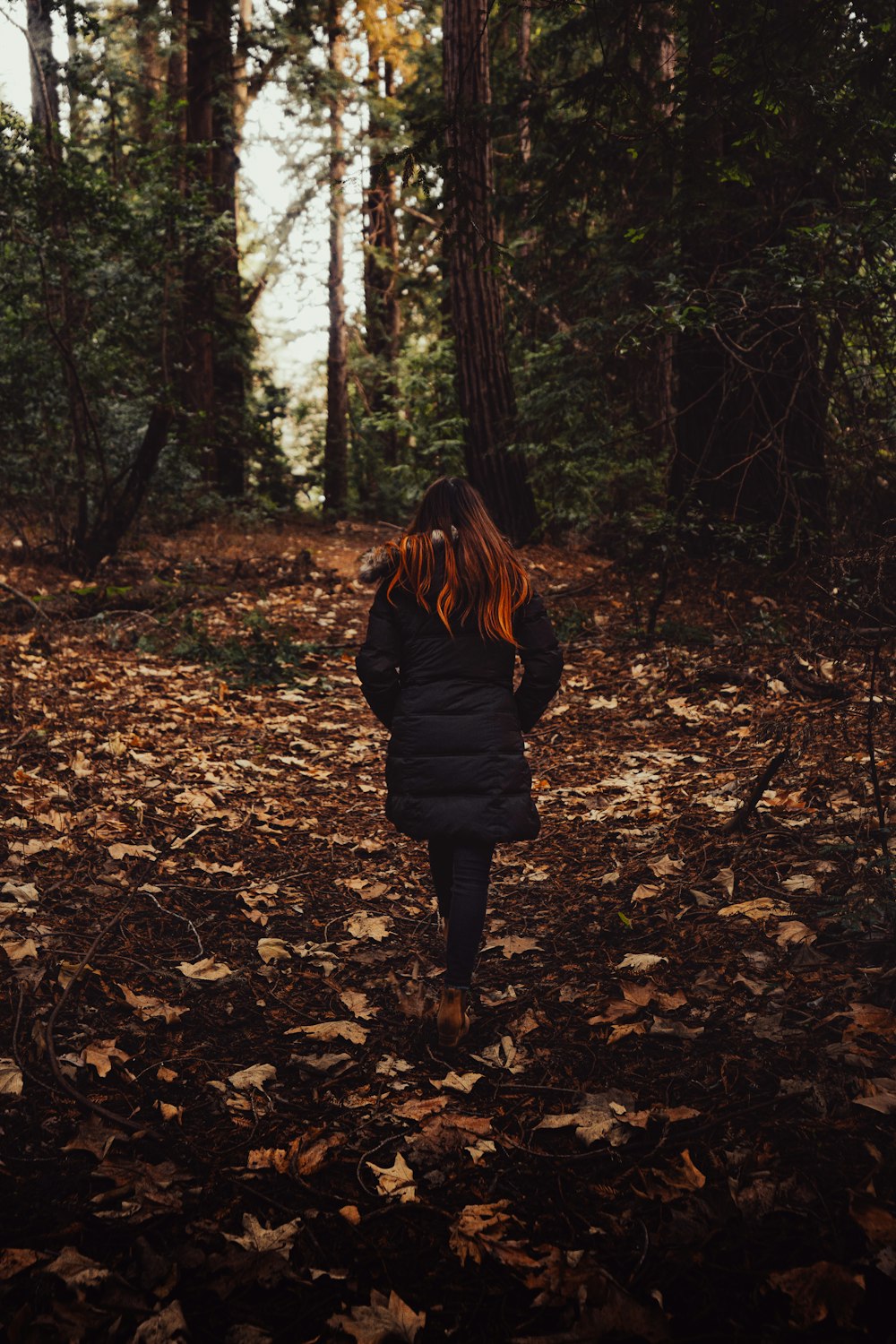 a woman walking through a forest with leaves on the ground