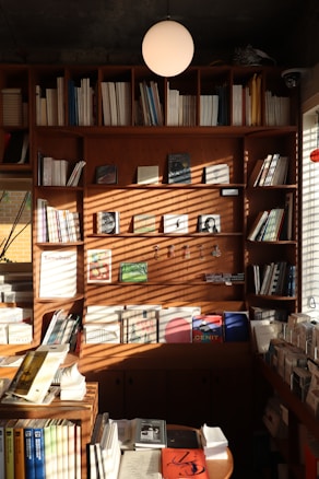Bookshelves filled with various books and magazines, some displayed upright on the lower shelves. A soft glow from a spherical light fixture hangs above, casting shadows and enhancing the cozy atmosphere. Sunlight enters through blinds, creating striped patterns on the walls and furniture.