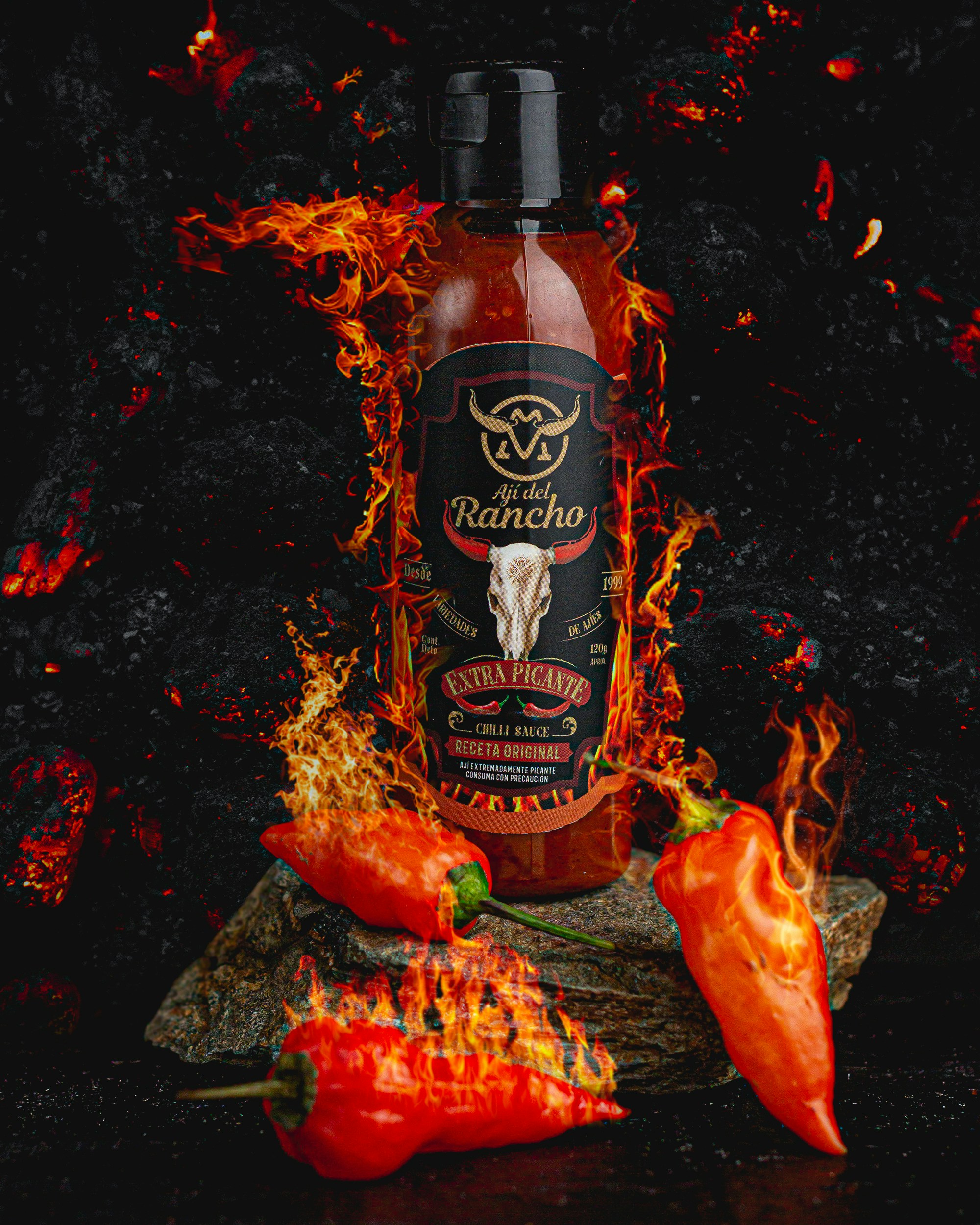 flaming hot sauce bottle