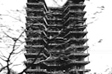 A high-rise building under construction with multiple floors visible, captured in black and white. The structure is shrouded partially by blurred tree branches, indicating movement or wind. The scene appears gritty and somewhat chaotic due to the stark contrast and dynamic composition.