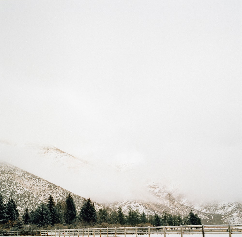 a snow covered mountain with a fence in the foreground