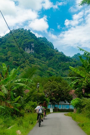 A lush, green landscape with a narrow road winding through a rural setting surrounded by dense trees and vegetation. Two people are cycling down the road toward a small, rustic building with a red roof. A steep, forest-covered hill rises majestically in the background under a vibrant blue sky with scattered white clouds.