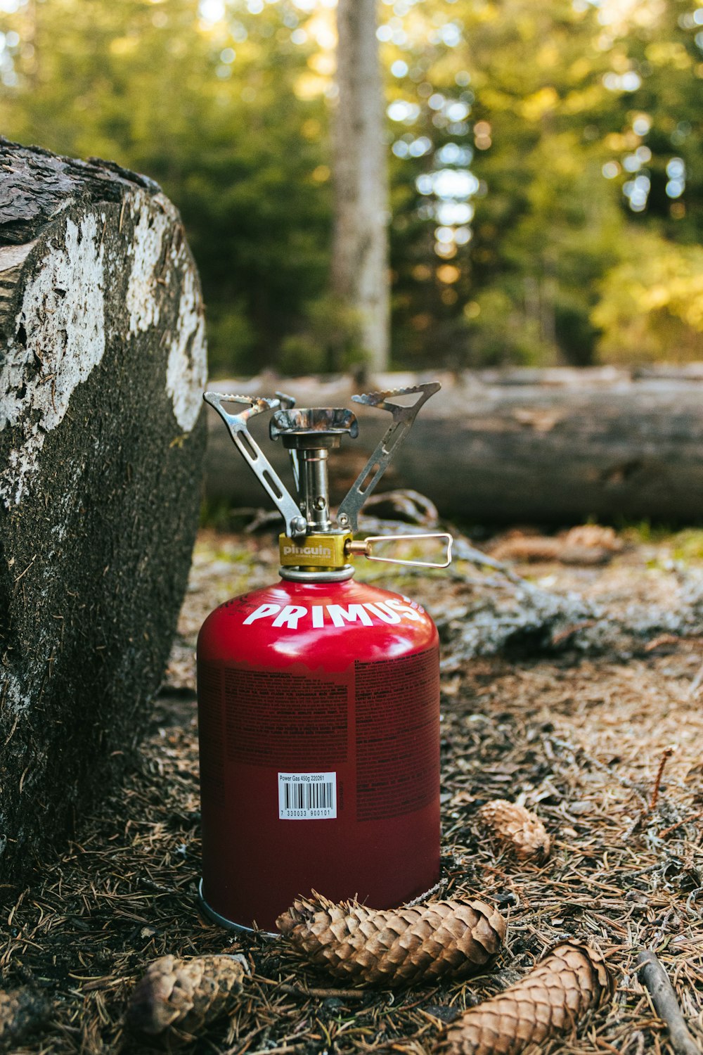 a fire extinguisher sitting on the ground next to a log