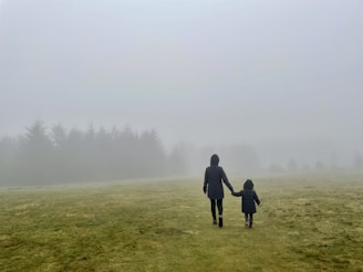 a woman and a child walking through a foggy field