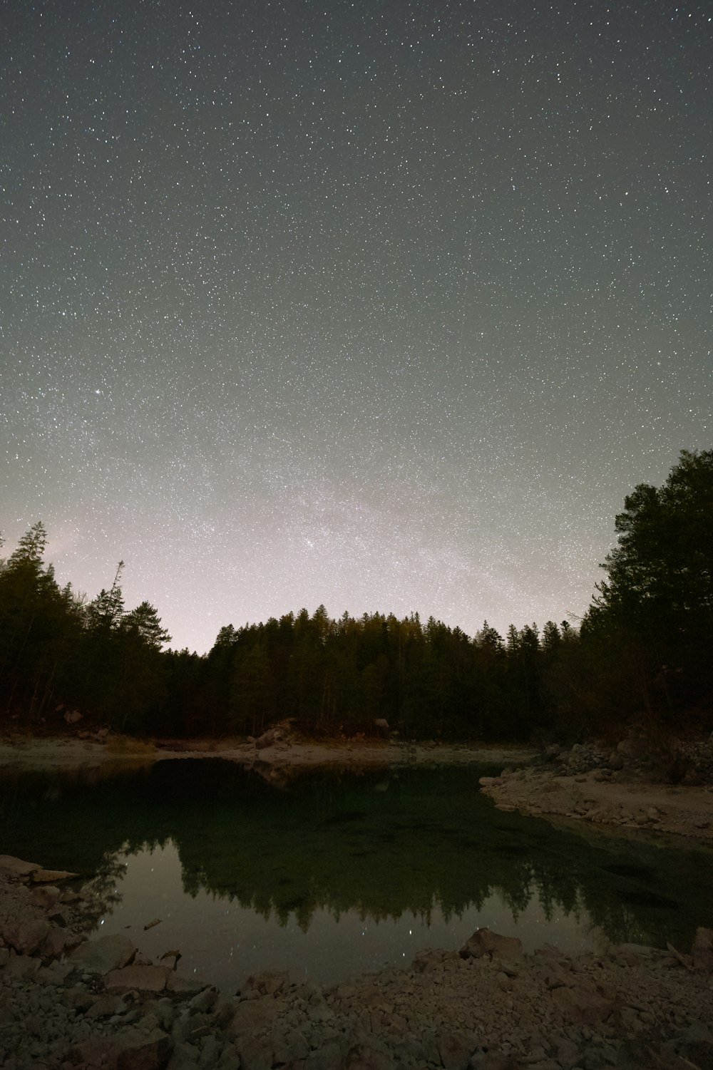 a lake surrounded by trees under a night sky