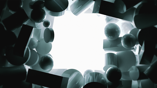 Various three-dimensional geometric shapes, including spheres, cylinders, and rectangles, are arranged with a bright white light source at the center. The shapes are dark in color and create a sense of depth and intrigue around the light.