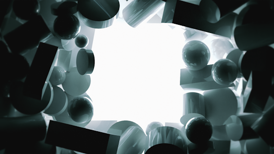 Various three-dimensional geometric shapes, including spheres, cylinders, and rectangles, are arranged with a bright white light source at the center. The shapes are dark in color and create a sense of depth and intrigue around the light.