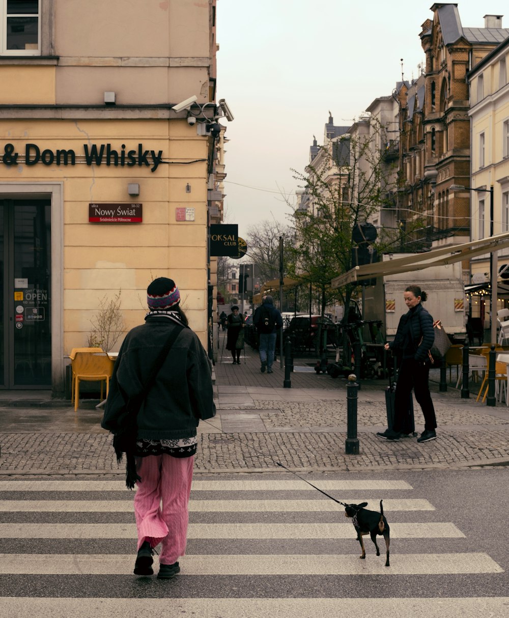 a person walking a dog across a cross walk