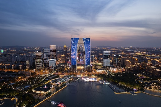 an aerial view of a city at night