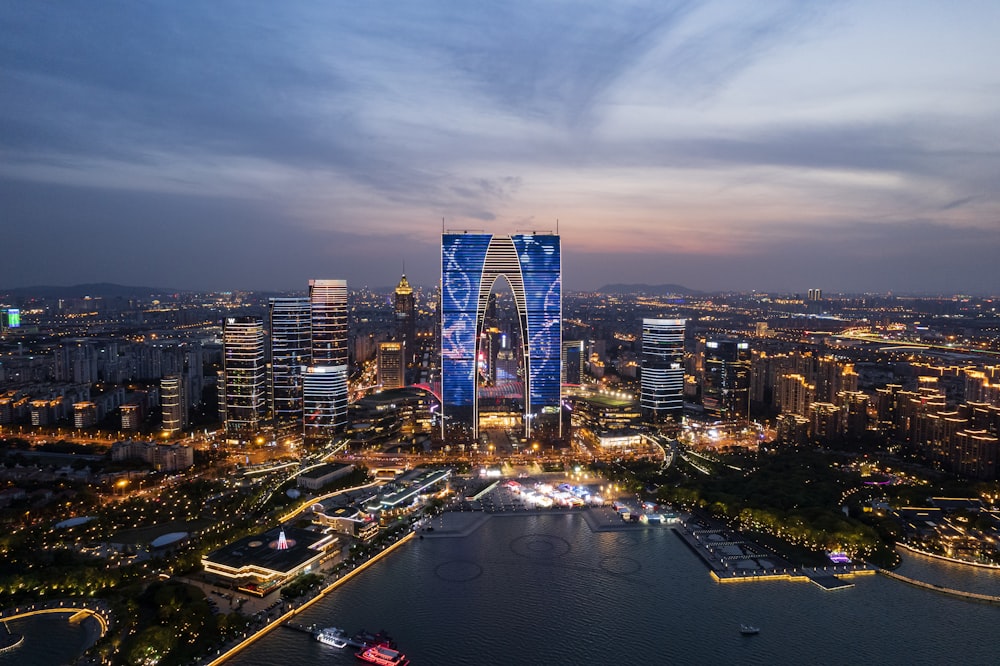 an aerial view of a city at night