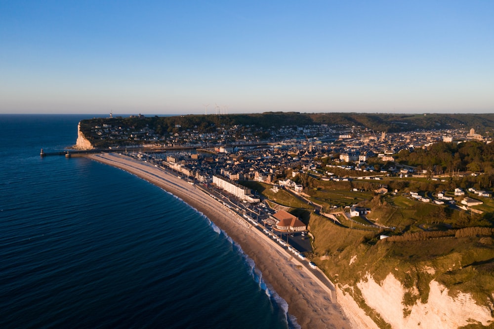 an aerial view of a beach and the ocean