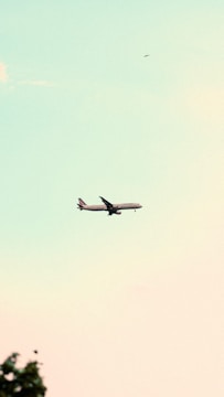 a large jetliner flying through a blue sky