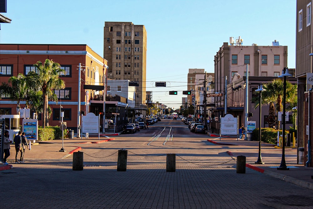 a city street with palm trees and buildings