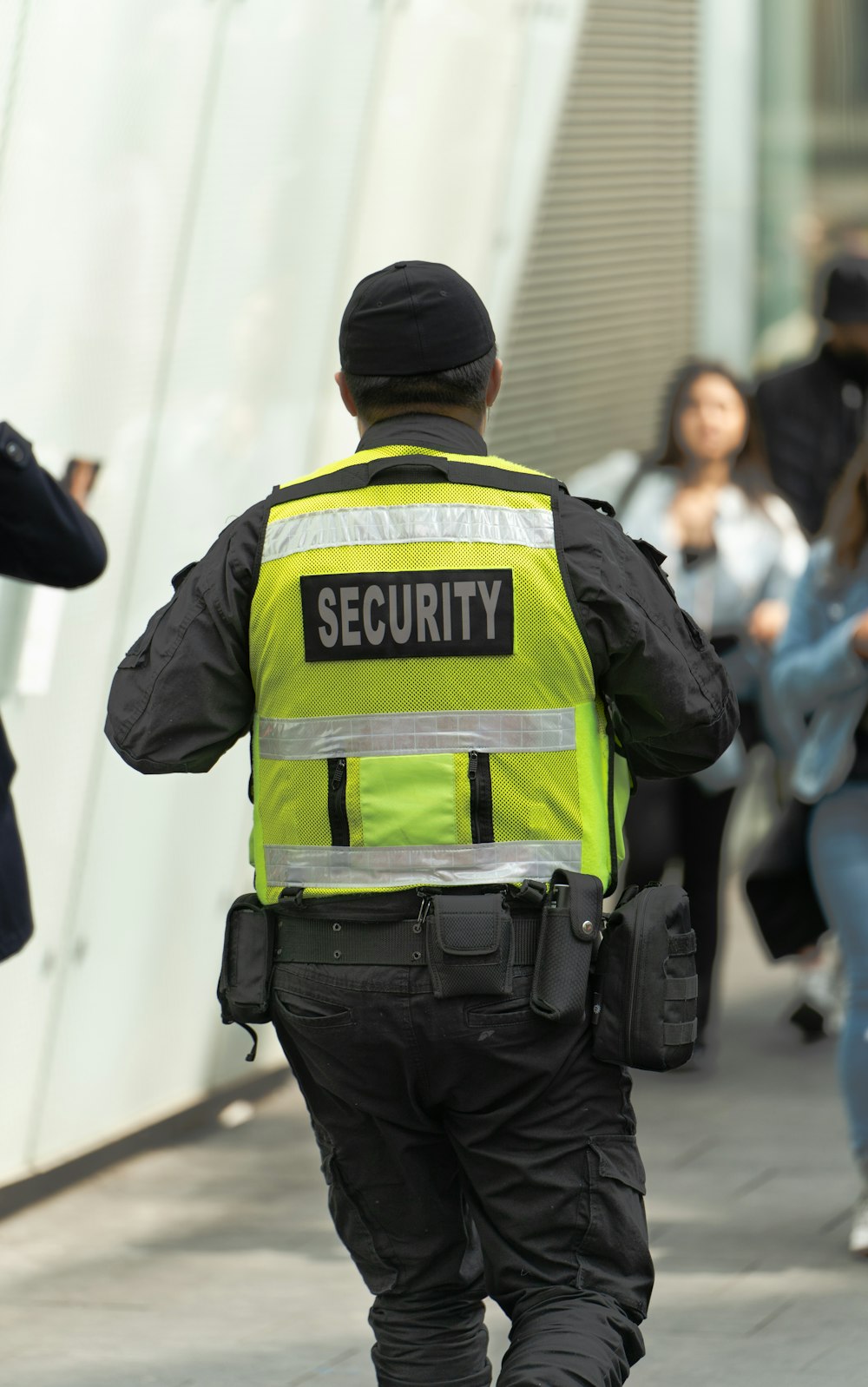 a security officer walking down a street