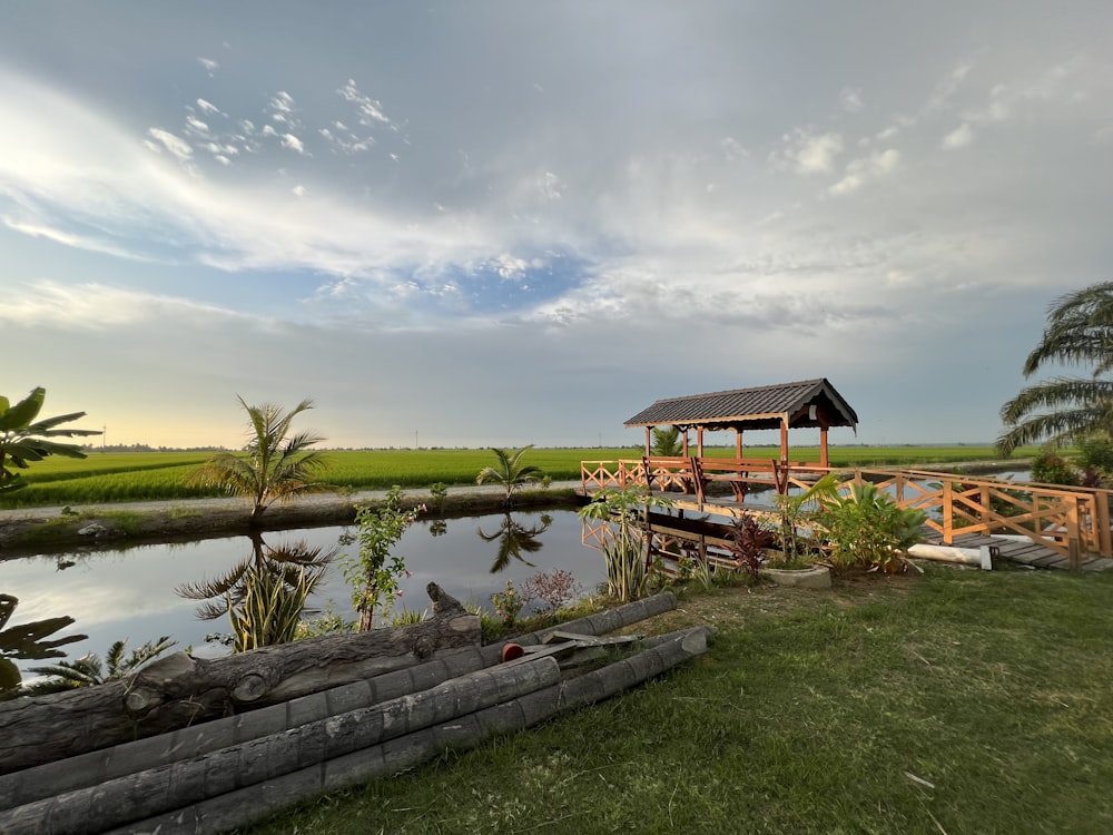 a wooden bridge over a body of water