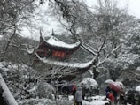 A traditional Asian pavilion with ornate roofing is nestled among snow-covered trees and bushes. People are gathered around, some holding umbrellas, adding pops of color to the white landscape.