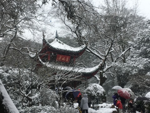 A traditional Asian pavilion with ornate roofing is nestled among snow-covered trees and bushes. People are gathered around, some holding umbrellas, adding pops of color to the white landscape.