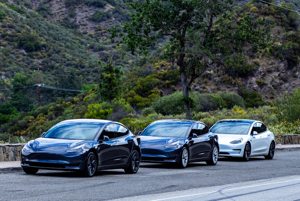 two electric cars parked side by side on the side of the road