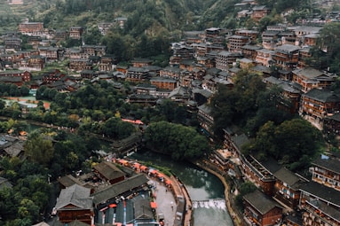 an aerial view of a village in the mountains