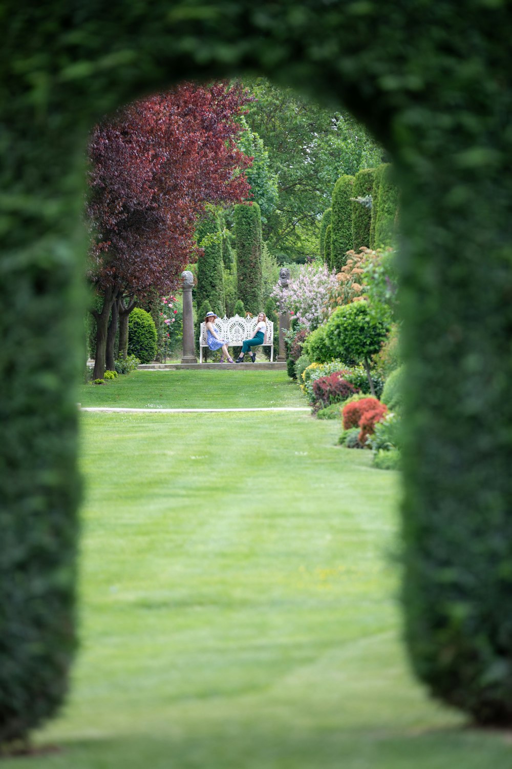 a view of a lush green park through an archway