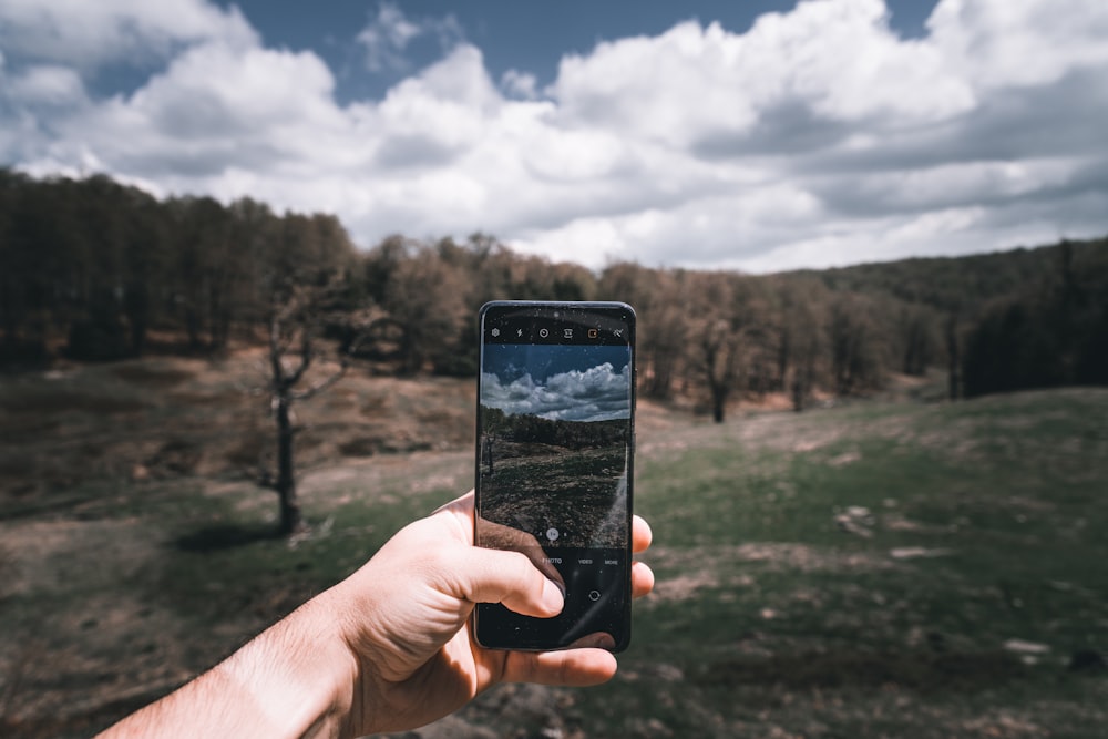 a person taking a picture of a field with a cell phone