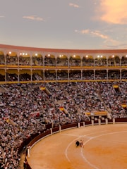 Spectators cheering enthusiastically during a dwarf bullfighting performance