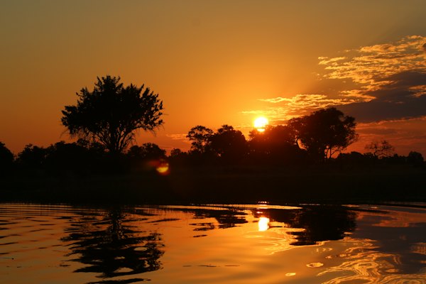 The sun is setting over a body of water — Okavango Delta, Botswana