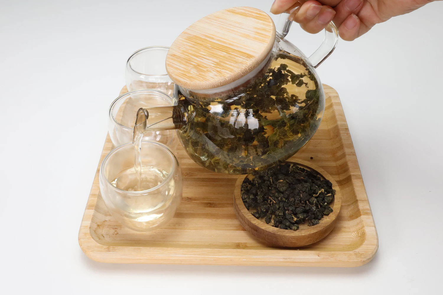 The first infusion poured off into a glass pitcher at forty-five seconds