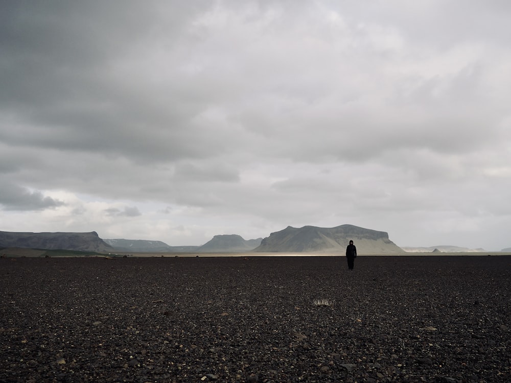 a person standing in a field with mountains in the background