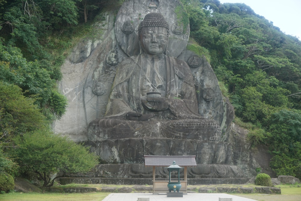 a large statue of buddha in front of a mountain