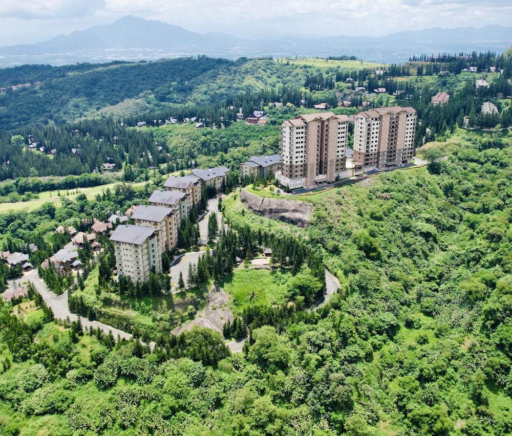 an aerial view of a city surrounded by trees